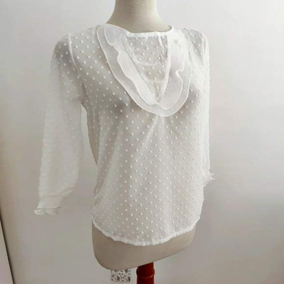 Modern Blouse Tops - SALE! Swiss Dot Blouse / 3/4 Sleeve / White / Size Small